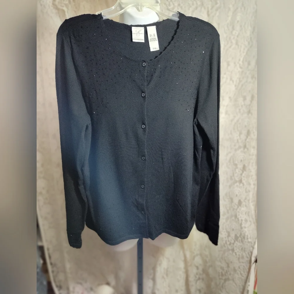 Emma James Rich Black Beaded Button-Up Cardigan And Tank Matched Set